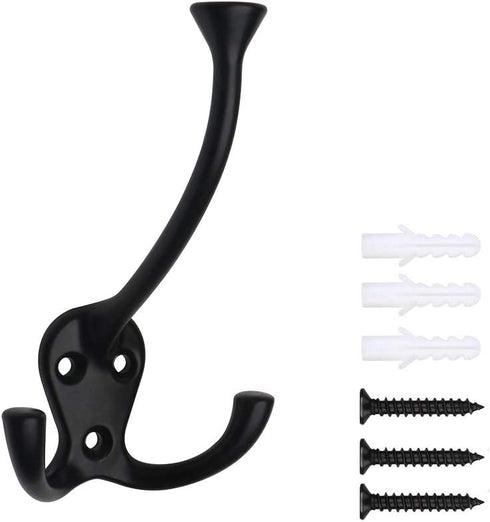 HARPOON 5 Pack Heavy Duty Three Flared Prongs Coat Hooks, Wall Mounted with 15 Screws, Retro Tri-Hook, Utility Hooks for Scarf, Bag, Towel, Key, Cap, Cup, Hat (Black)