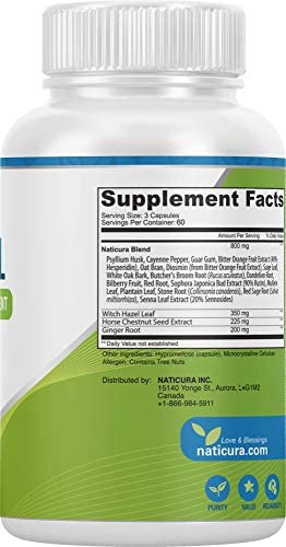 Naticura Hem-Control - Natural Treatment for Hemorrhoids with Psyllium Husks, Witch Hazel, Ginger Root - Vegan - 180 Count - Helps Maintain Bowel Movement Regularity - Digestive Support