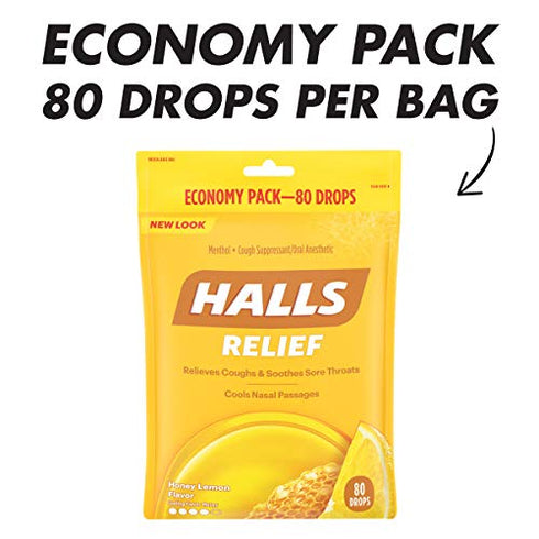 HALLS Relief Honey Lemon Cough Drops, Economy Pack, 80 Drops
