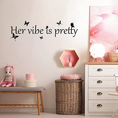Her Vibe is Pretty Wall Decal Decor Vivid Butterflies Art Wall Sticker Inspirational Quotes Positive Wall Decal Sticker for Women, Teen Girls Office Dorm 31.5 x 9.4 Inch (Black,Simple Style)