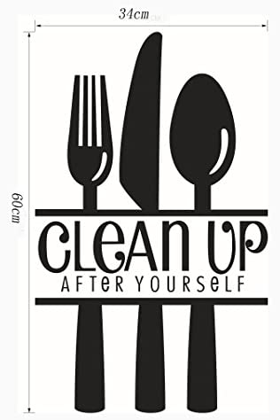 CUGBO Clean UP After Yourself Kitchen Wall Sticker, Fork Knife Spoon Wall Art Decor Mural for Kitchen Dining Room Restaurant Bar Decoration