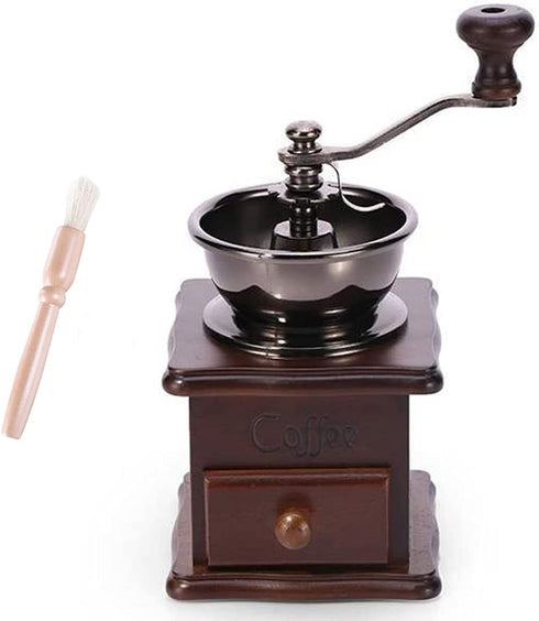 A + kitchen Wooden Manual Coffee Grinder Vintage Style Hand Coffee Mill Burr Coffee Grinder with Ceramic Hand Crank+Wooden Manual Coffee Grinder Cleaning Brush, Brown, 20 x 9.5 x 16.5 cm (A3329)