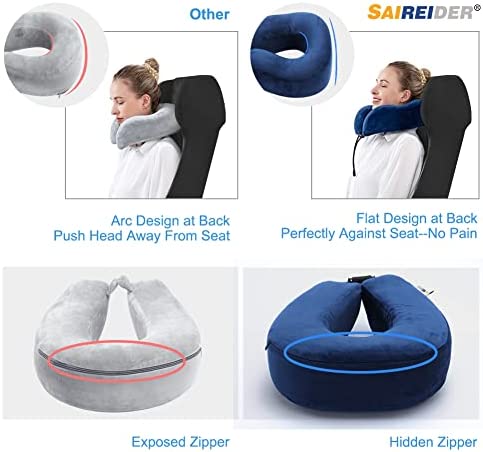SAIREIDER Travel Pillow 100% Memory Foam Airplanes Neck Pillows -Prevent The Heads from Falling Forward Travel Neck Pillows with Sleep Mask and Earplugs (Navy Blue)