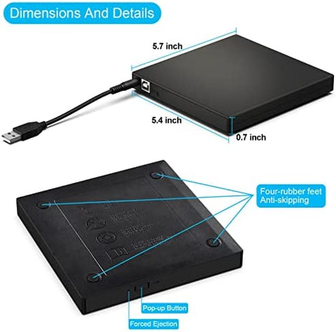 Blingco External CD DVD Drive, USB 2.0 Slim Protable External CD-RW Drive DVD-RW Burner Writer Player for Laptop Notebook PC Desktop Computer, Black