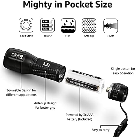 LE LED Flashlights LE1000 High Lumens, Bright Small Flashlight, Zoomable, Waterproof, Adjustable Brightness Flash Light for Outdoor, Emergency, Camping Accessories, AAA Batteries Included, 2 Packs