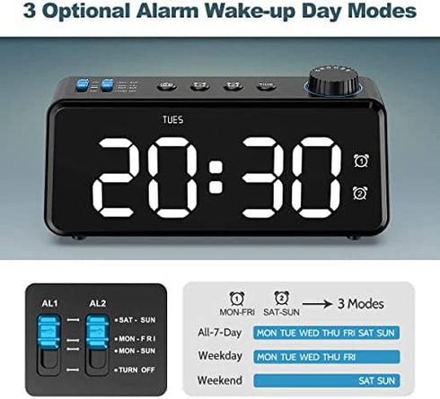 Digital Alarm Clock Radio for Bedroom - 0-100% Dimmer, FM Radio with Sleep Timer, Dual Alarm with Weekday/Weekend, USB Charging Port, Battery Backup, Snooze, Easy to Set, for Bedside Table, Desk