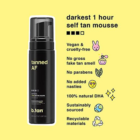 b.tan Dark Self Tanner Kit | Tanned AF Bundle - Dark Self Tanner Mousse with Self Tanning Mitt Applicator, 1 Hour Sunless Tanner, Fast Self Tan, No Fake Tan Smell, No Added Nasties, Vegan, Cruelty Free, 6.7 Fl Oz