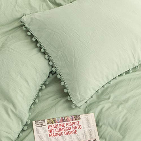 Sage Green Pom Poms Pillowcases, Green Standard Pillow Cases Set of 2, 100% Washed Microfiber, Dark Sea Green Ball Fringe Pillow Cover, 2 Pack (Queen, Sage Green)
