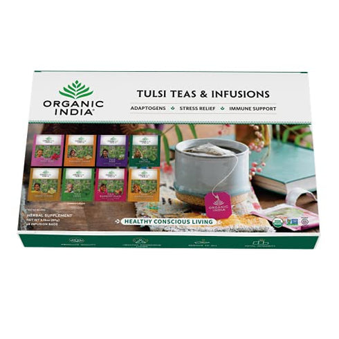 Organic India Top Eight Tulsi Herbal Teas - Ashwagandha, Green, Original, Sleep, Sweet Rose, Turmeric Ginger, Lemon Ginger, Raspberry Peach - Vegan, Gluten-Free, Organic - 6 Bags Each (48 Total)