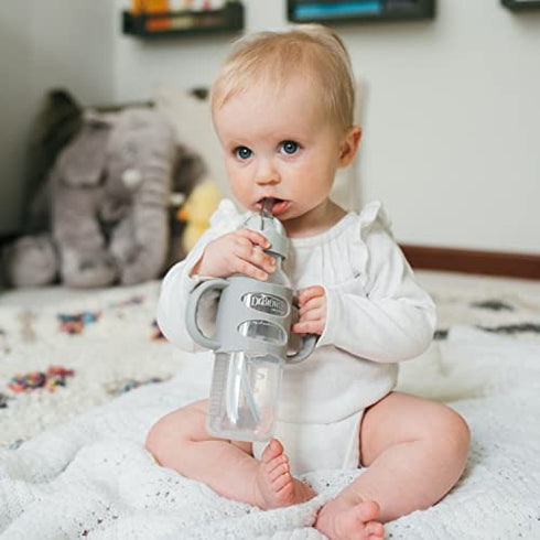 Dr. Brown’s® Milestones™ Narrow Sippy Straw Bottle with 100% Silicone Handles, 8oz/250mL, Gray, 1 Pack, 6m+