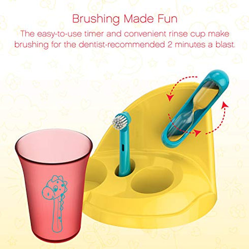 Brusheez® Kid's Electric Toothbrush Set - Soft Bristles, Easy-Press Power Button, Battery Operated, 2 Brush Heads, Animal Cover, Sand Timer, Rinse Cup and Storage Base - Ages 3+ (Pepper The Dino)