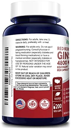 Red Korean Panax Ginseng 4,800mg 200 Veggie Caps (Non-GMO, Extract 12:1 & Gluten-Free)