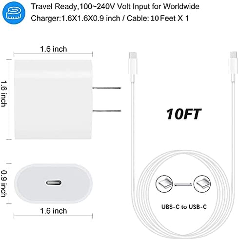 20W USB C Fast Charger with 10ft USB C to C Charging Cord for 2022/2021/2020/2018 iPad Pro 12.9 Gen 6/5/4/3, iPad Pro 11 Gen 4/3/2/1, iPad Air 5th/4th Generation, iPad 10th Generation, iPad Mini 6th