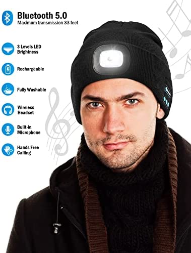 Bluetooth Beanie Hat with Light, Unisex USB Rechargeable 4 LED Headlamp Cap with Wireless Headphones, Unique Christmas Birthday Gifts for Men Him Husband Teen (Black)