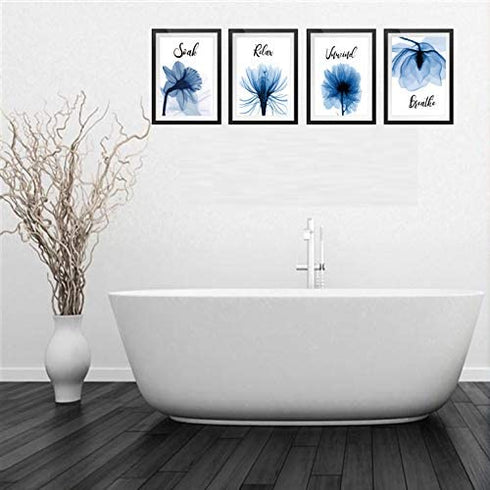 VOUORON Blue Elegant Tulip Relax Soak Unwind Breathe Bathroom Wall Decor Bathroom Wall Art Prints Set of 4 (8”X10” Canvas Picture) Bathroom Spa Woman Girl Bedroom Art Painting Home Decor Unframed