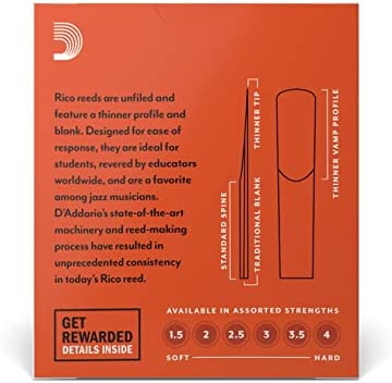 Rico Bb Clarinet Reeds - Reeds for Clarinet - Thinner Vamp Cut & Unfiled for Ease of Play, Traditional Blank for Clear Sound - Clarinet Reeds 2.5 Strength, 10-Pack