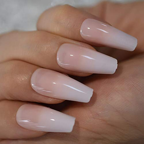 CoolNail Glossy Ombre Pink Nude White French Ballerina Coffin False Nail Gradient Natural Press on Ballet Fake Nails Tips Reusable Wear
