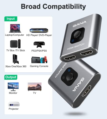 HDMI Switch 4k@60hz Splitter, GANA Aluminum Bidirectional HDMI Switcher 2 in 1 Out, Manual HDMI Hub Supports HD Compatible with Xbox PS5/4/3 Blu-Ray Player Fire Stick Roku (1 Display at a Time)