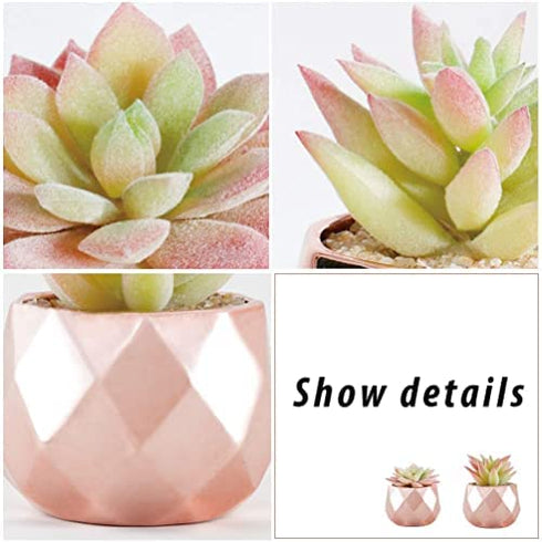 Artificial Plants Desk Fake Succulents Indoor Decor Office Room Decoration Small Tiny Realistic Plants in White Ceramic Potted (Pink-Gold)