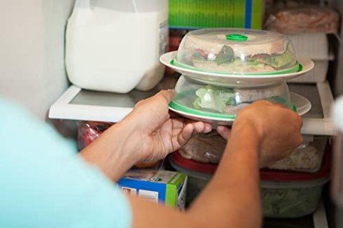 Press n Fresh Universal Vacuum Air-tight Food Sealer Container Plate Platter Lid Cover Topper Dome, Stackable, Dishwasher and BPA Free (9 & 7 inches, Green)