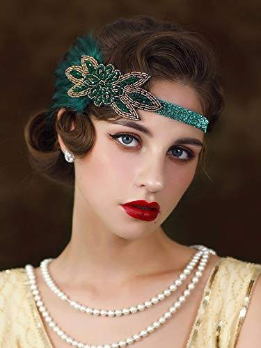 SWEETV 1920s Flapper Feather Headband, 20s Sequined Showgirl Headpiece, Gatsby Hair Accessories for Women (Dark Green)