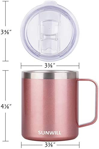 SUNWILL Coffee Mug with Handle, 14oz Insulated Stainless Steel Coffee Travel Mug, Double Wall Vacuum Reusable Coffee Cup with Lid, Rose Gold