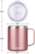SUNWILL Coffee Mug with Handle, 14oz Insulated Stainless Steel Coffee Travel Mug, Double Wall Vacuum Reusable Coffee Cup with Lid, Rose Gold