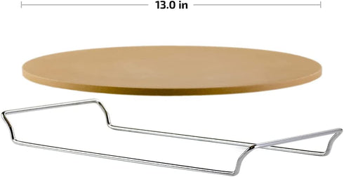 Ovente Ceramic Flat 13 Inch Pizza Stone Set with Crust Cutter Wheel & Metal Rack/Handle, Compact Easy Storage Portable Baking Grilling Stone Thermal Shock Resistance for Oven Grill BBQ, Beige BW10132