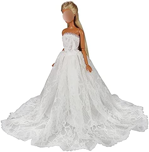 BARWA White Wedding Dress with Long Veil Evening Party Princess White Lace Gown Dress for 11.5 Inch Girl Doll