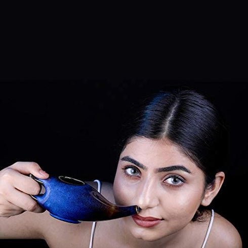 Ceramic Neti Pot, Premium Handcrafted Durable, Dishwasher Safe, for Nasal Cleansing + 5 Sachet Neti Salt, 225 Ml. (7.6 FL Oz) Capacity - Elegant Blue Gradient Color