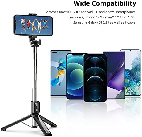 ATUMTEK 40" Selfie Stick Tripod, Extendable Bluetooth Selfie Stick with Wireless Remote for iPhone 13/12/12 Pro/11/11 Pro/XS/XR/X/8/7 Plus, Samsung, Google, LG, Sony, Huawei Smartphones, Black