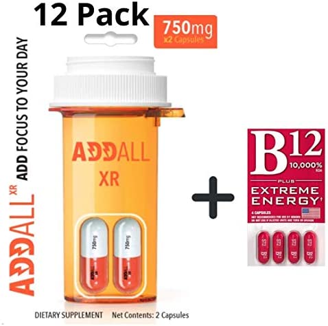 Addall XR Brain Boost Supplement 750 mg/Capsule - 12 Pack (24 Capsules) - Ships in a Box + Free Pack of Vitamin B12 Pills (4 Capsules)
