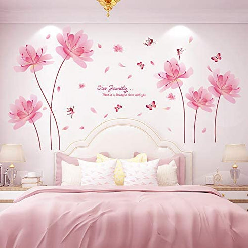 BuerHomie Pink Flowers Wall Stickers, Butterfly Decals for Living Bedroom, Art Décor for Nursery Girl Kids Room, Easy Furniture Refurbishment DIY