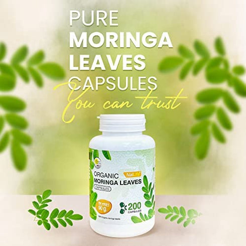Organic Moringa 200 Capsules 100% Pure Leaves Powder Greens Powder Vegetable Capsules