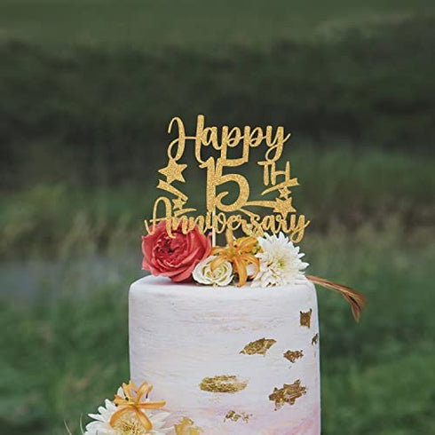 Gold Glitter Happy 15th Anniversary Cake Topper for Wedding Anniversary/Anniversary Party/Happy Birthday Party Decorations