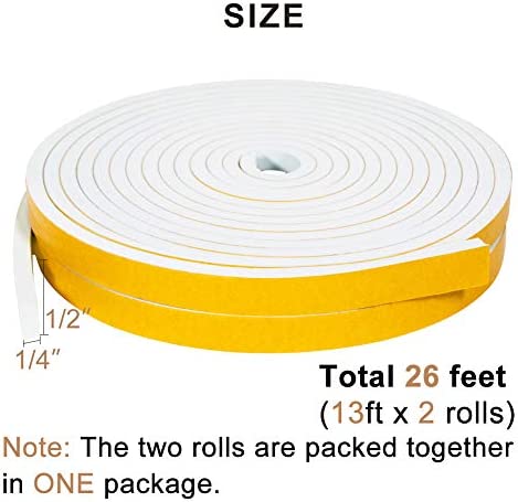 Yotache White Doors Windows Insulation Tape 2 Rolls 1/2 Inch Wide X 1/4 Inch Thick, Foam Weather Stripping Gasket Tape Seal for Draft, Soundproofing, Total 26 Feet Long (2 X 13 Ft Each)