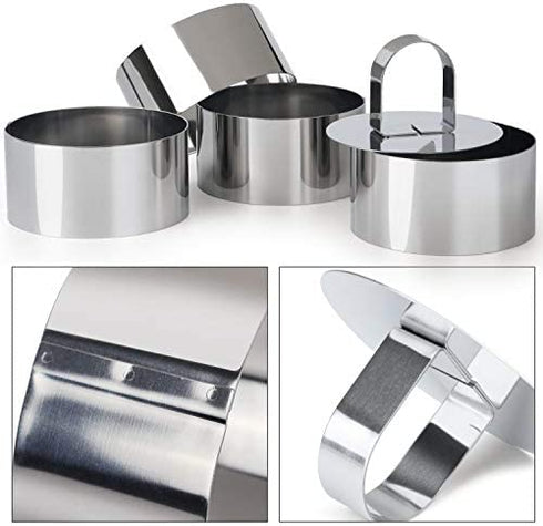 HULISEN Round Cake Ring Mold, Stainless Steel 3 inch Dessert Mousse Molds with Pusher & Lifter Cooking Rings, Tuna Tartare Mold (Include 4 Rings and 1 Pusher)