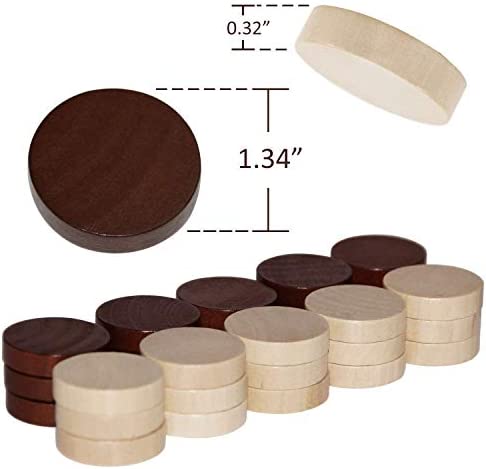 ASNEY Wooden Backgammon Pieces, Solid Wood Checker Pieces Set Board Game Table Chips and 5 Dices, Includes Storage Bag (1.34")