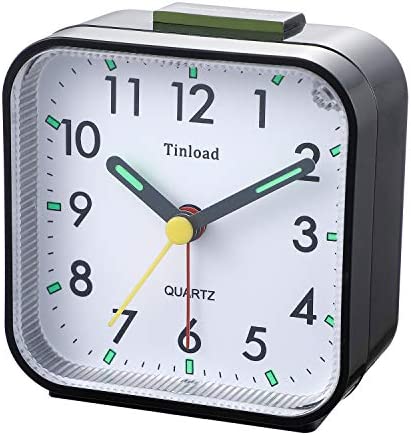 Tinload Small Battery Operated Analog Alarm Clock Silent Non Ticking, Ascending Beep Sounds, Snooze,Light Functions, Easy Set(Black)