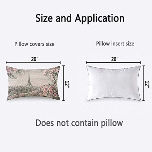 HOSNYE Eiffel Tower Throw Pillow Cover Gray and Pink Oil Painting for Paris Summer Gentle City Landscape Flower Roses and Leaf Linen Fabric for Couch Bed Sofa Car Waist Cushion Cover 12 x 20 inch