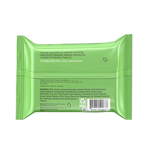 Clean & Clear Hydrating Pre-Moistened Daily Facial Cleansing Wipes to Remove Makeup, Dirt & Impurities, Oil-Free, Convenient & Travel-Friendly, Watermelon, 25 Count
