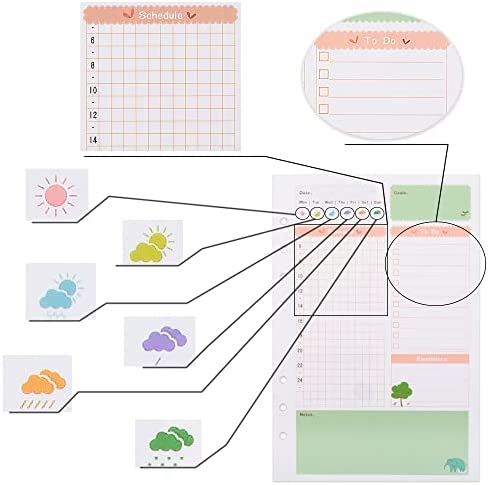 Rancco A6 Planner Inserts Daily Planner Refills, 90 Pages Colorful 6-Ring Loose-leaf Binder Planner Inserts w/ Divider, PVC Pouch, Ruler, Index Tab for Journal, Filofax, Double-sided, Undated,6.9x3.7"