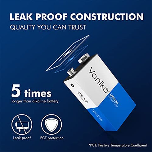 VONIKO Lithium Batteries 9 Volt 2 Pack – 9V Lithium Batteries – Long Life Smoke Detector Batteries 10 Years Shelf Life - 9 Volt Battery for Smoke Alarms and Medical Equipment