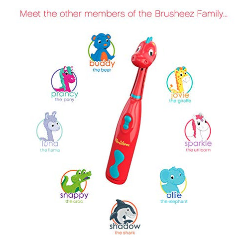 Brusheez® Kid's Electric Toothbrush Set - Soft Bristles, Easy-Press Power Button, Battery Operated, 2 Brush Heads, Animal Cover, Sand Timer, Rinse Cup and Storage Base - Ages 3+ (Pepper The Dino)