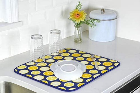 S&T INC. Absorbent, Reversible Microfiber Dish Drying Mat for Kitchen, 16 Inch x 18 Inch, Lemons
