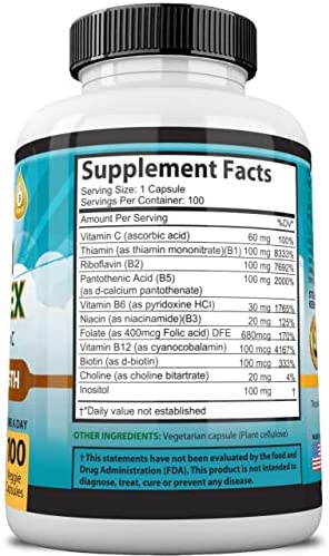 Vitamin B Complex with Vitamin C and Folic Acid - B12, B1, B2, B3, Vitamin B5 Pantothenic Acid, B6, B7, B9 - Nervous System Support & Supports Energy Metabolism Non-GMO- 100 Veggie Capsules