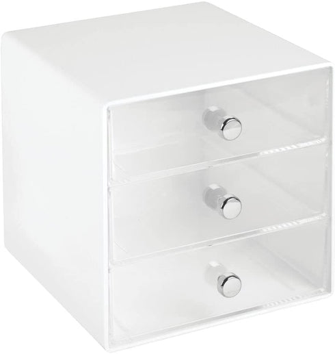 mDesign Plastic Home Office 3 Drawer Cube Storage Organizer - Desktop Organization for Office Supplies, Gel Pens, Pencils, Markers, Tape, Erasers, Paperclips, Chargers - White/Clear