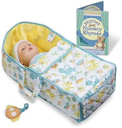 Melissa & Doug Mine to Love Bassinet Play Set Portable Carrier for Dolls with Crinkle Toy, Nursery Rhyme Book