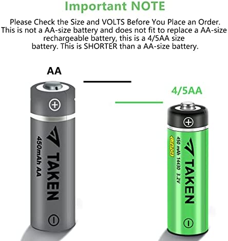 Taken 14430 3.2 Volt Rechargeable Solar Battery, 3.2V 450mAh 14430 LiFePO4 Rechargeable Battery for Solar Panel Outdoor Garden Lights (NOT AA Battery) - 8 Pack