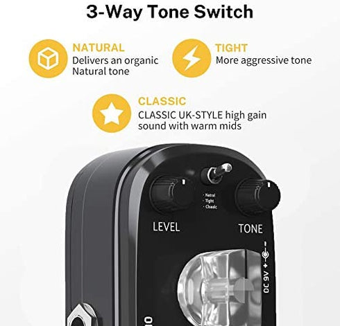 AZOR Distortion Guitar Pedal Effect 3 Modes Natural, Tight, Classic Mini Pedal for Electric Guitar True Bypass